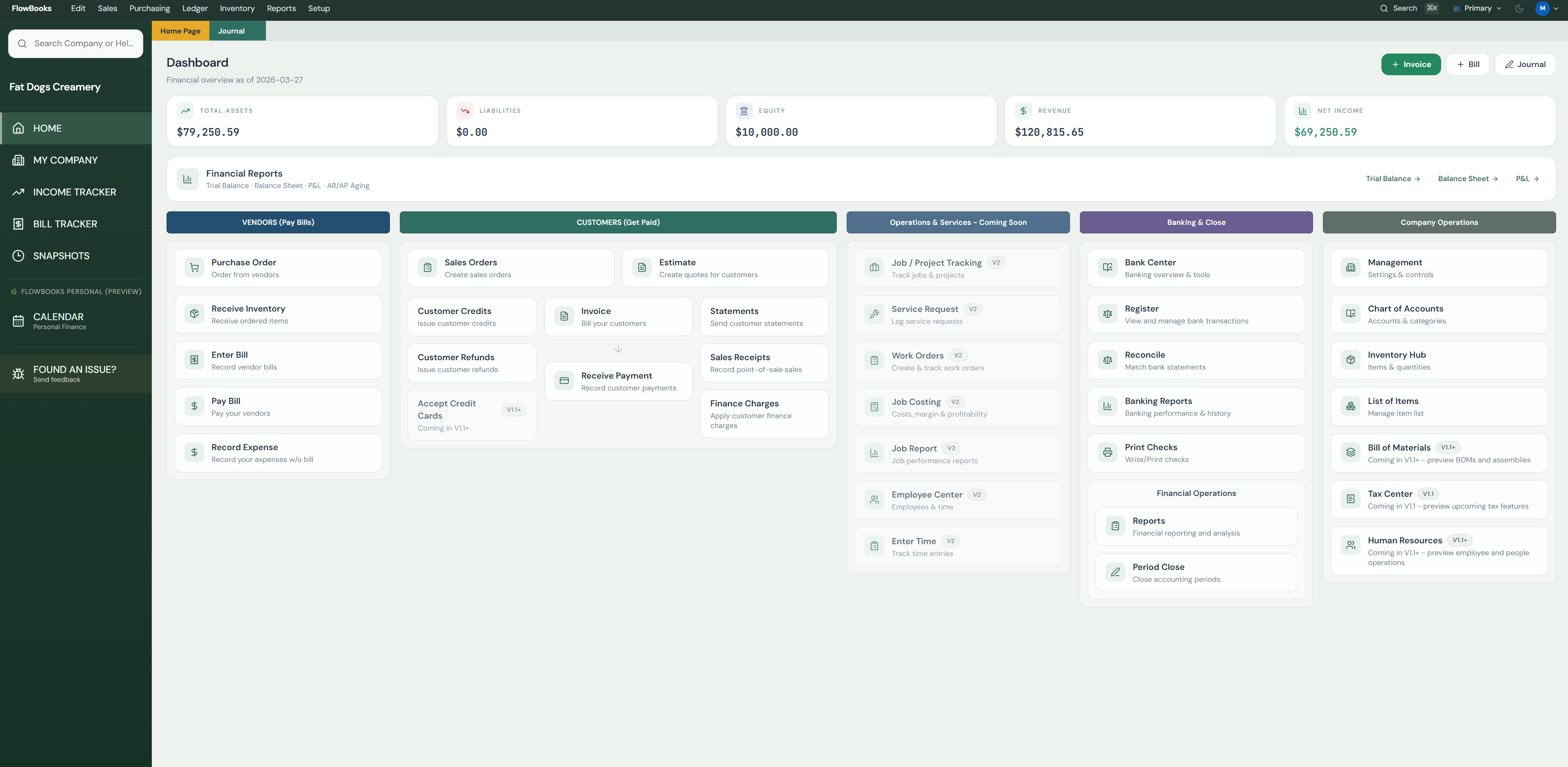 FlowBooks dashboard and workspace overview